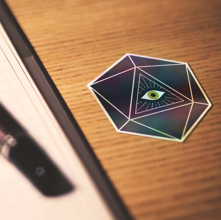 d20 All-Seeing Eye Dice Holographic Sticker | Black and Gold