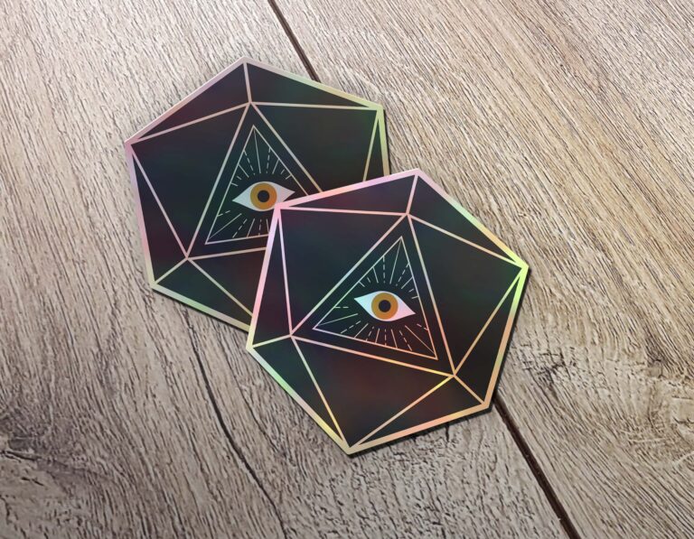 d20 All-Seeing Eye Dice Holographic Sticker | Black and Gold