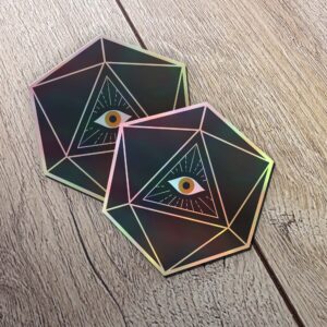 d20 All-Seeing Eye Dice Holographic Sticker | Black and Gold