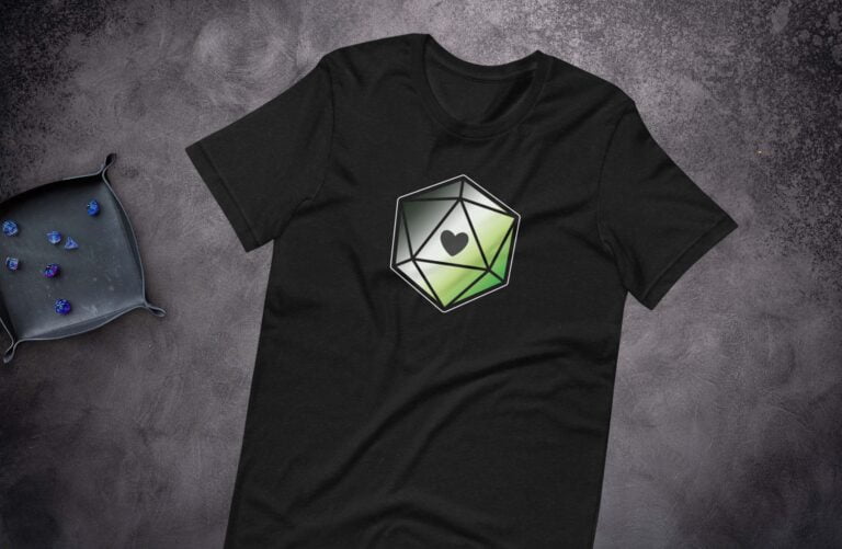 d20 Aromantic “Proud Hearts” Dice T-Shirt